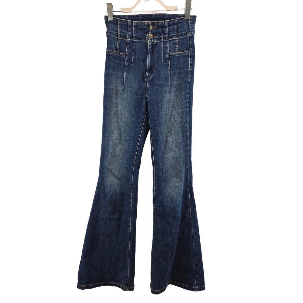 We The Free People Jayde‎ High Rise Flare Jeans Blue Corset Waist Medium Wash 28